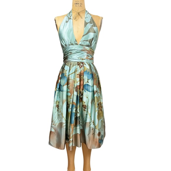 Adrianna Papell Dresses & Skirts - Y2K Teal Silk Floral Sequin Halter Midi A Line Dress Flowy Pleats Formal Size 8